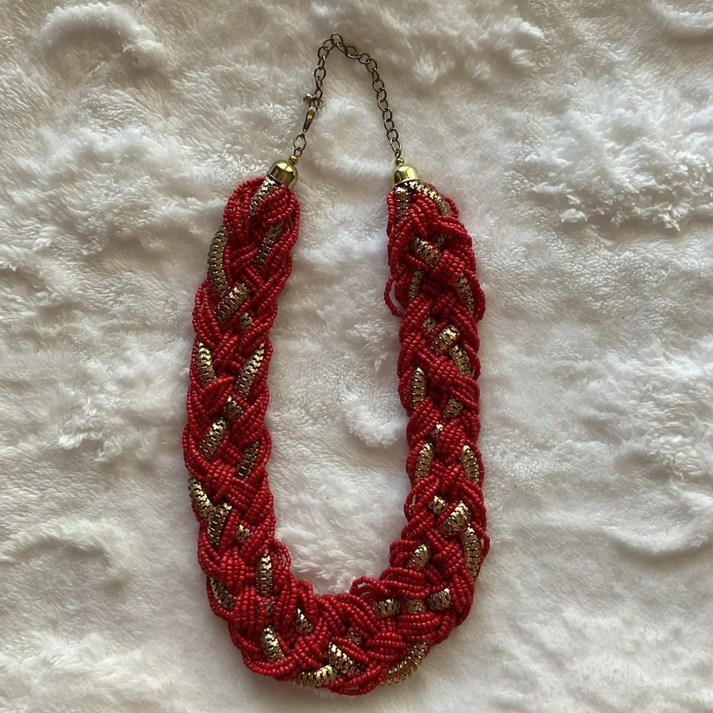 Chunky Red Braided Seed Bead Gold Mesh Chain Statement Necklace 19-22" Bold